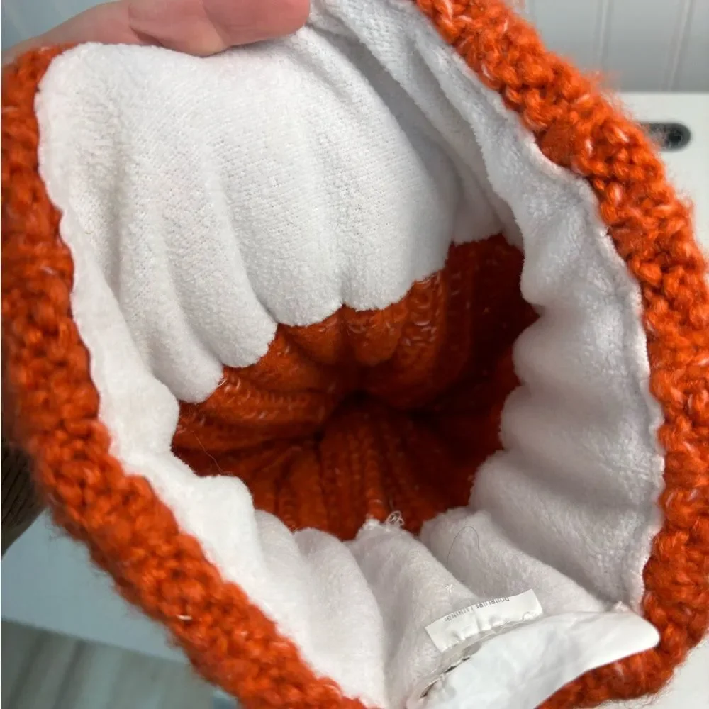 Free People big sky Pom Pom Vibrant redOrange Knit Hat with Fluffy White Pom-Pom